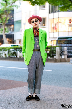 tokyo-fashion:  21-year-old Japanese fashion student Tan_Taa on the street in Harajuku wearing a Maison Margiela neon blazer over a Gucci top, vintage Round House denim striped overalls, Thom Browne dog-embroidered Venetian loafers, a Gucci scarf, pink