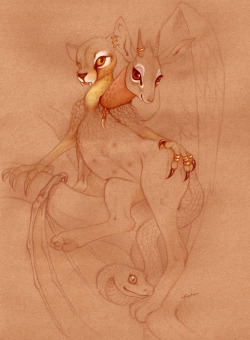 fuchs4chan:  sketchtime! “chimera”- edition. well i was just trying to use one of these cats posing like pin ups pics for a griffin but then i was having trouble with the beak and head position and i looked kinda like having two heads and i was like