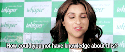 mediocrestudentnurse:  pencilpaperpassion:  manasaysay:  baawri: Parineeti Chopra responds to a male reporter who claims to know nothing about periods (menstrual cycle). [X]  I started my period when I was 10 years old. But we didn’t tell my grandma