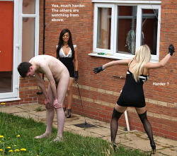 captioned-femdom-situations:  much harder   Instructing her friend on how hard to whip her brother. And he can do nothing about it, he owes his life to his sister. 