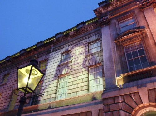thesockcovers:  Launch party for Vampire Weekend’s ‘Contra’ at Somerset House, London, UK. The album cover was projected onto the side of the building while the band played.  