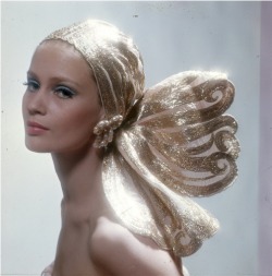 Candypriceless:  Celia Hammond Wearing An Evening Turban Of Organza And Gold With