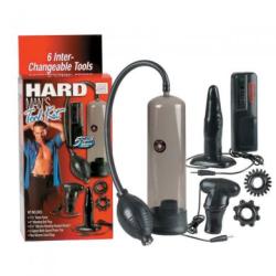 Hard Man&rsquo;s Tool Kit 7.5 inch bulb pump with latex sleeve, 4 inch vibrating butt plug, silicone 2.25 inch stretchy penis sleeve with vibrating bullet in the tip, enhancing rings with stimulating nodules and multi-purpose power pak features 1 touch