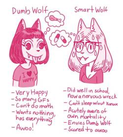 good-dog-girls: Which are you?  I am probably smart wolf, but I wish I was dumb wolf. If you know the artist for this, please message me, I can’t find it on reverse image search and I like crediting and linking to artists. 