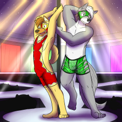 Erotic Dancers Hyena and WolfWho are these two dancing?  I couldn’t tell ya since the masks hide their identities, but the wolf likes the shorts with the slits in the side (they seem to be popular), and the hyena thought the singlet had the most coverage,