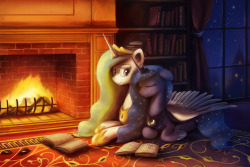 that-luna-blog:  By the Fireplace by AnticularPony Here we have Luna snuggling up to her big sis or perhaps taking a snooze during a relaxing evening of reading by the fireplace. Hope you guys like it! ^^  &lt;333