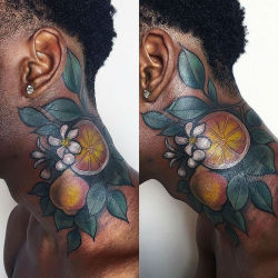 didi-is-spiffy:  dinosaurxswag:  bergamotandrose:  thievinggenius:  Tattoo done by Miryam Lumpini.  This is the first time I’ve seen color tattoos on dark skin that actually look vibrant and pigmented!!!!!  Once I was talking to a dark skinned lady