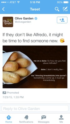 riverdoge:  Ya know, I wanna get mad at forced memes by corporations in an attempt to act “hip”, but I feel Olive Garden is the one place that is perfectly allowed to use this one