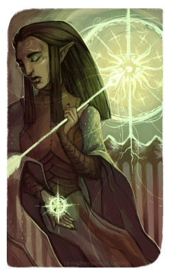 thoughtsupnorth:   wheel of fortune - destiny, fate, a turning point  The DA:I companions cards are gorgeous, and even though I can’t quite match the beauty, I wanted to make a tarot card for my Inquisitor, Zarae Lavellan. Even though I’ll probably