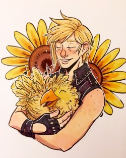 kazlicya-art:  It’s been ages since I’ve used my markers and played with colours and I don’t typically like using yellow so challenge accepted.   You know what I do like? Prompto, chocobos and flowers.