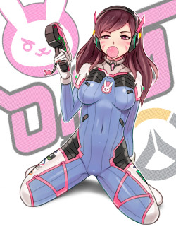 overwatch、d.va (overwatch)、sieyarelow、ウサギ、ピカピカ、バブルガム、ロングヘア、キーチェーン、スキンタイト、ヘッドフォン、ボディスーツ、ben-day dots、bubble blowing、finger on trigger、impossible