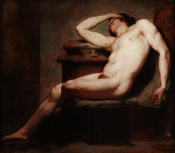 Academic study of a reclining Male nude asleep. William Etty. British. 1787-1849. oil on canvas.   