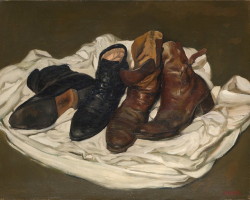 livingtrophies:Chen Daquing   Chen Danqing (Chinese-American, born 1953), Leather Shoes and Leather Boots, 1987, oil on canvas, 22 ⅛ × 27 ⅝ inches (56 × 70 cm) © Chen Danqing  