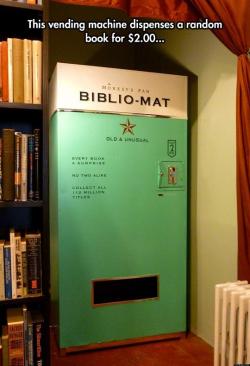 actjustly:  Biblio-Mat books, which vary widely in size and subject matter, cost two dollars. The machine was conceived as an artful alternative to the ubiquitous and often ignored discount sidewalk bin. When a customer puts coins into it, the Biblio-Mat