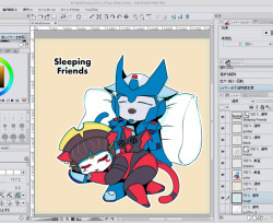eikuuhyoart:  Huzzah for actual energy to draw! Getting pretty close to finishing up the Windblade and Chromia kittyformers mini print. Still trying to decide if I want to add actual shading or not…