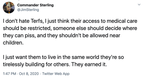 crossdreamers:Jim Sterling on twitter:I don’t hate Terfs [trans-exclusionary radical feminists], I just think their access to medical care should be restricted, someone else should decide where they can piss, and they shouldn’t be allowed near children.