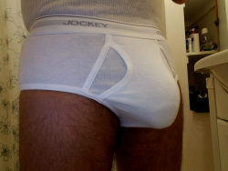 n2briefs69:  Bulging Jockey a-front briefs. Where did the y-front go???