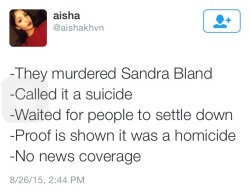 eccentric-nae: bananabreadeggos:  bbyhijabi:  #Sandra Bland RIP. We knew it all along.   Fuck   Her death was ruled a homicideDon’t forget these women*Say their names Keep talking about them  Women affected by police brutality 