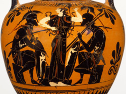 hellenismo:  Scenes from the mythological Trojan War decorate this Athenian black-figure neck-amphora. On the front, Achilles and Ajax, the two great Heroes of the Hellenes, sit playing a board game. The Goddess Athena stands in front of the board and