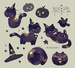 nk-illustrates:  Night Star Cat, Cat-O-Lanterns, and Ghost Cats. 