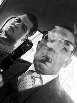 dailytomhardy:  Tom behind the scenes of ‘Legend’ with co-star Taron Egerton, as Ronnie Kray and Mad Teddy Smith