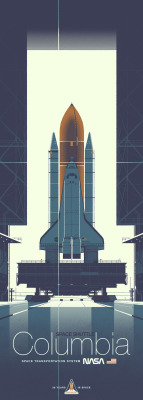 mechaddiction:  One of two prints from artist Kevin Dart’s Space Shuttle series celebrating the Challenger and Columbia. These two incredible shuttles and their crews completed 36 successful missions and spent over 300 days in space. Some highlights
