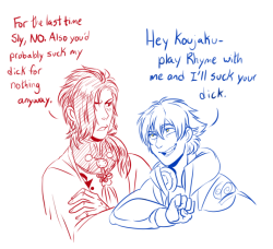 beniseragaki:  madelezabeth:  Based on beniseragaki&rsquo;s Bluejaku headcanons where Sly Blue interjects into koujaku and aoba&rsquo;s life at random intervals just to fuck shit up. Bless you Sly lol.  HOLY SHIT OH LORD IN HEAVEN MY AU GOT FANART THIS
