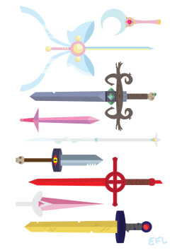emmaflouis:  Some weapons from some cartoons I enjoy, mostly Adventure Time but also Steven Universe, Bee and Puppycat and Sailor Moon update: This is now available on my society6 shop! 