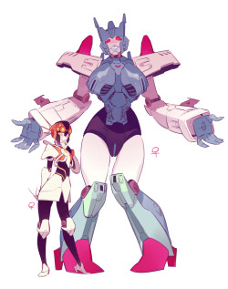 blackggggum:  Lady Overlord &amp; Lady Trepan I always see humanized transformers as ladies，but i could seldom see others draw male bots as female bots ，so i made this :D Overlord as giant crazy lady and Trepan as cute evil little girl XD 