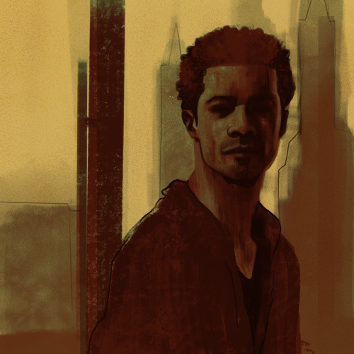blexbees:  Louis de Pointe du Lac. Alt Text: Two digital drawings of Louis from Interview With The Vampire.  The first features Louis looking towards the viewer.  He stands in front of an orange skyline.  His features are obscured by shadow.  The