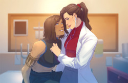 denimcatfish: Korrasami AU. Korra is a Firefighter and Asami is a Doctor. For @logantheanimal“Korra has finally made it back to the ER and she’s a bit of a mess.  Asami takes a free moment to tend to her wounds - relatively minor - and it’s really