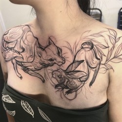 electrictattoos:  nomicheese:  When the fox hears the rabbit cry, she comes running but not to help. … Work in progress on a tough as nails lady. Sat like a rock.  Nomi Chi