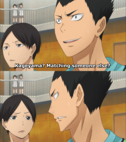 laurasommeilss:For some reason I decided to rewatch the Karasuno vs Seijou practice game and Kunimi and Kindaichi being like “wtf Kageyama is that you?!!!” + Kindaichi being sorta angry and shocked because Kageyama is setting for somebody, is taking