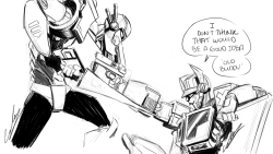 rinpin:Late night TFA Optimus and Sentinel sketch. Bounty bot meets autobot Prime.