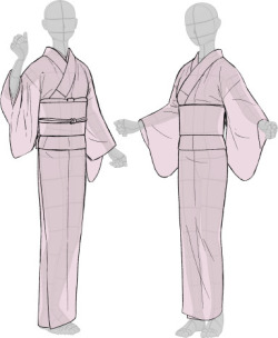 tanuki-kimono:  Kimono drawing guide ½, by Kaoruko Maya (tumblr, pixiv, site). Booklet is available in pdf for ¥ 900 here. Here you can see: female kimono and yukata (note how the juban underwear peeks when in kimono + how belts differ) male yukata