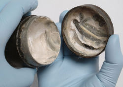 museum-of-artifacts:  2,000-year-old roman face cream with visible, ancient fingermarks Preserved within a small tin canister, the cream was discovered during excavations by Pre-Construct Archaeology of a Roman temple precinct on Tabard Street, Southwark