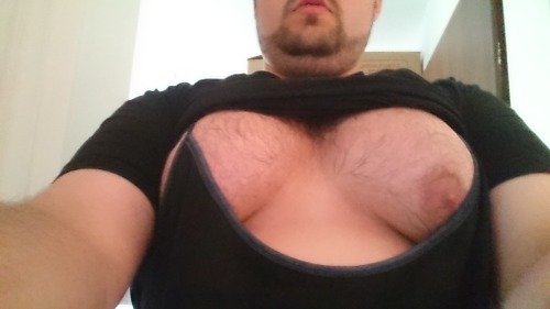 omgknutson: omgknutson:  wearing a spaghetti top under my shirt. It feels great to have that kind of cloth rubbing against my nipples all the time. gets them constantly hard as fuck.  tell me guys: is that a cleavage or what? :) 