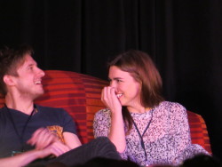 longlosttimelady:  Billie Piper and Arthur Darvill being adorable at Gallifrey One   #is there a fic where somehow rose and ten meet rory#and they interact adorably like this#and the doctor is like &hellip;&hellip;.rose he&rsquo;s not even pretty have