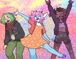sloppydraws:  Vilja, Peura and Lumi respectively! Lumi takes her roommates out to see a band, and they all have tons of fun in their own ways~! it’s Peura’s first time going to a gig, and she wanted to look cute for the occasion (I think she succeeded)