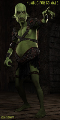  A beautiful highly detailed goblin inspired character and texture set  for the Genesis 3 Male by master character artist Josh Crockett This Product Includes: 		Humbug Goblin Character Unique Morph 	 		Full Character Apply and Remove Presets 	 		Texture