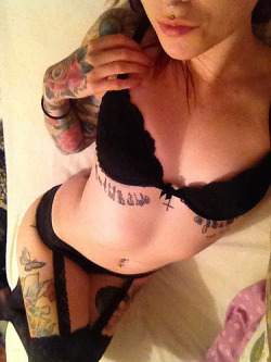 Thanks to Ashleyluka from mygirlfund for sharing this sexy self-shot pic in black lace bra and panties, with thigh-high stockings. Chat with this tattooed hotty live at mygirlfund.com