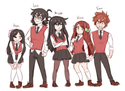 5 second drawing of some of my embarrassing middle school OCsim gonna explain them here real quick bc i find it hilarious and maybe u will too.so the three black haired children are all siblings, and they are rich and mega popular at school. the oldest