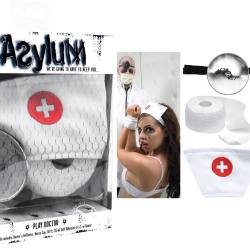Asylum&rsquo;s Play Doctor Set.              Everything couples need to play Doctor. Dr.&rsquo;s reflector has a stretchy elastic band that fits most. Nurse&rsquo;s cap is secured with a long, satin ribbon. Includes 15m of self adhesive medical gauze
