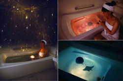  Homestar Spa is a planetarium for your bath that not only paints the room with stars, but includes Rose Bath and Deep Ocean graphic domes for changing to a different mood. The waterproof planetarium floats in water and contains a bright light that