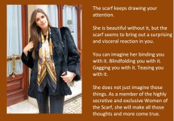 The scarf keeps drawing your attention.She is beautiful without it, but the scarf seems to bring out a surprising and visceral reaction in you.You can imagine her binding you with it. Blindfolding you with it. Gagging you with it. Teasing you with it.She
