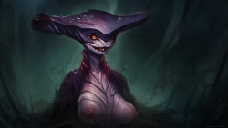 cyancapsule: Hammerhead Shark demon lady! Went with a more painterly style for this image.  Another girl in my monster universe! She’s really mean, bloodthirsty and has humans on the menu.  The eyes on the side of her head work but not as well as her