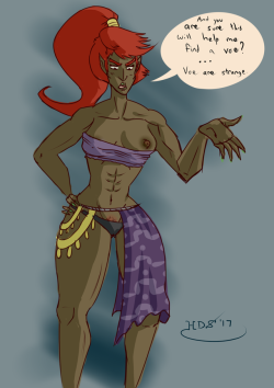 A doodle of a Gerudo vai trying some new methods to find her voe. So Breath of the Wild is fun. Oh yeah, I also should be able to draw more now that my privacy issue has been resolved, so yay! Now to solve the motivation issue.