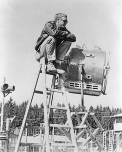 View from the top (Steve McQueen surveys a set during filming of “The Great Escape”, 1963)