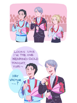 peppergingin: Victor subsequently lies on the ice after the medal ceremony to take care of that savage burn Their costumes are based on Yuzuru Hanyu, Evgeni Plushenko, and Johnny Weir 