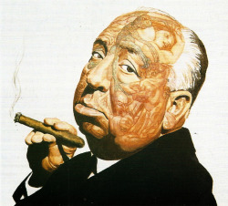 Illustration of Alfred Hitchcock by Josh Kirby. From Josh Kirby: A Cosmic Cornucopia (Collins &amp; Brown, 1999). From a charity shop in Nottingham.